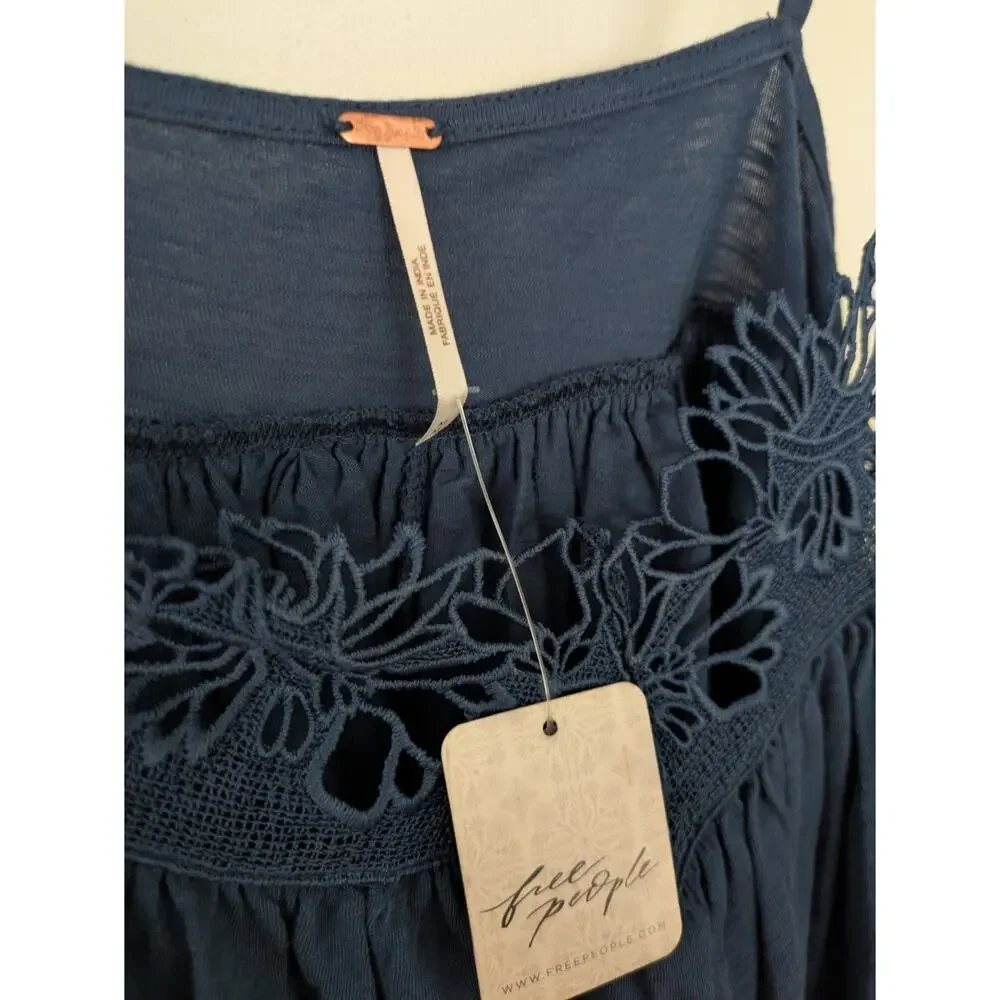NWT Free People Kayla Tank Navy Blue Boho Lace Trim Cami Top